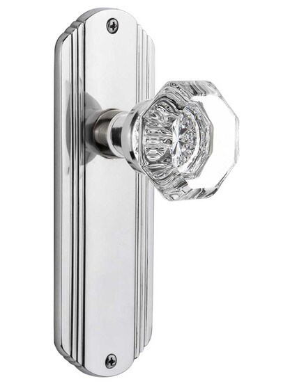 Streamline Deco Door Set with Waldorf Crystal Glass Knobs - No Keyhole in Polished Chrome .
